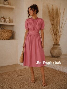 NWT Pink Short Puff Sleeve Side Tie A-Line Midi Dress XL
